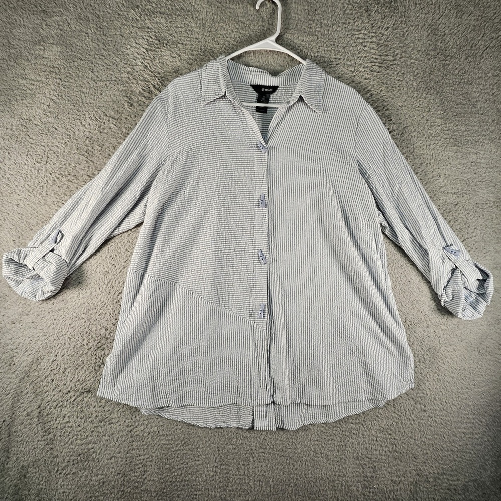 Ali Miles Tunic Top Womens 1X Striped Seersucker Toggle‎ Buttons Artsy Lagenlook